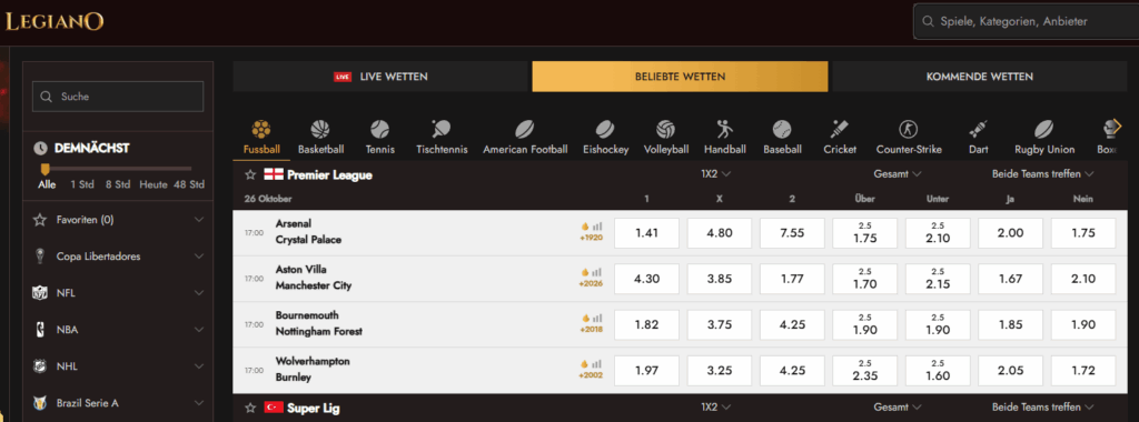 Neben dem Casino bietet Legiano eine professionelle Sportwetten-Sektion mit Top-Quoten und hunderten Wettmärkten.